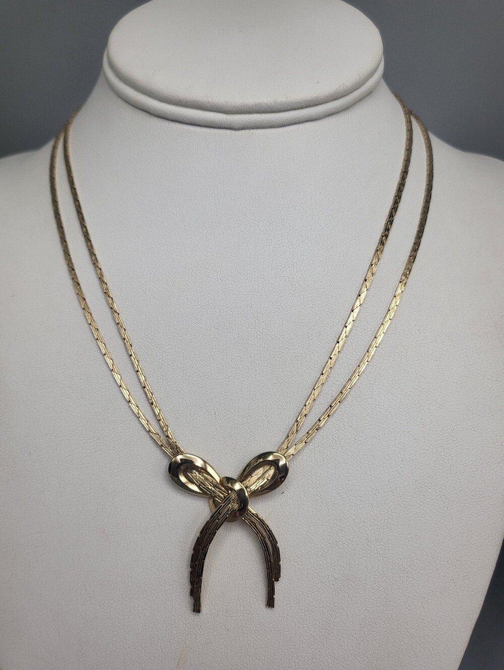 Double Herringbone Chain w/Gold Bow Layered Necklace - Women Jewelry Vintage